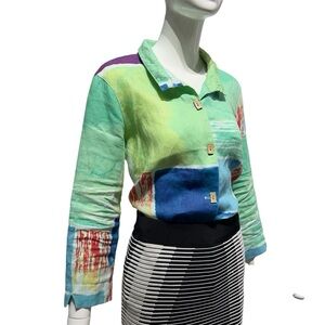 Ali Miles Geometric Abstract Print 100% Linen Tunic Top Blue Multi Size Medium